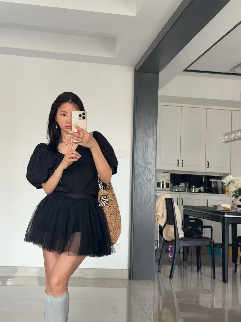 模特自留款 松紧腰百搭蓬蓬裙 黑色纱裙短裙