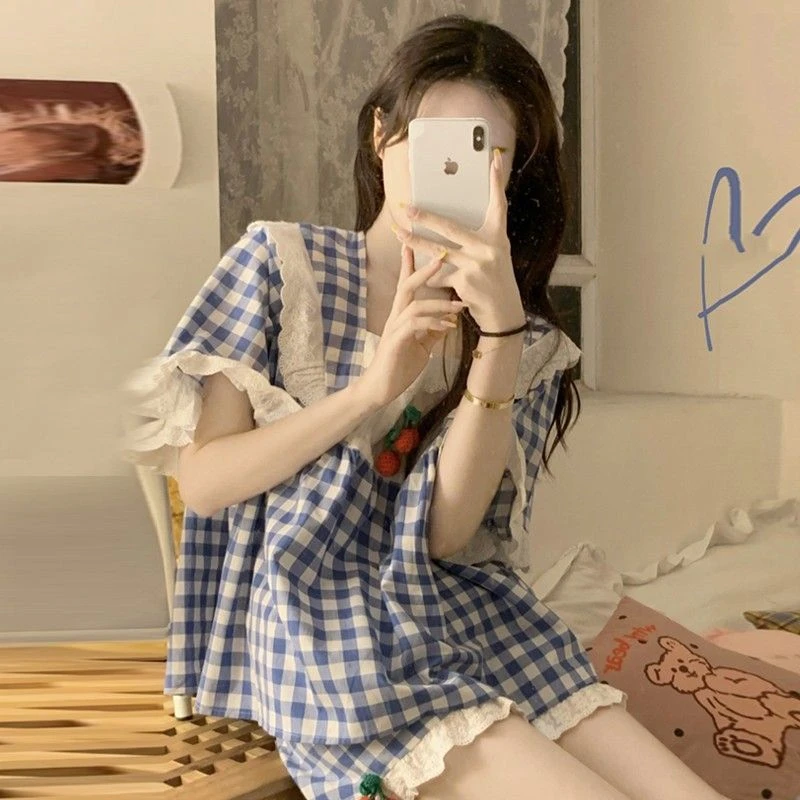 蕾丝边甜美格子睡衣女夏季ins风短袖短裤两件套可外穿家居服套装