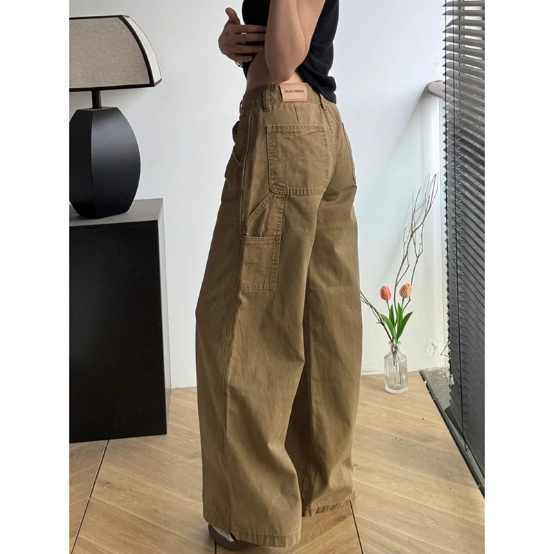设计感复古多口袋工装牛仔裤女秋季新款韩系高腰宽松直筒阔腿裤子