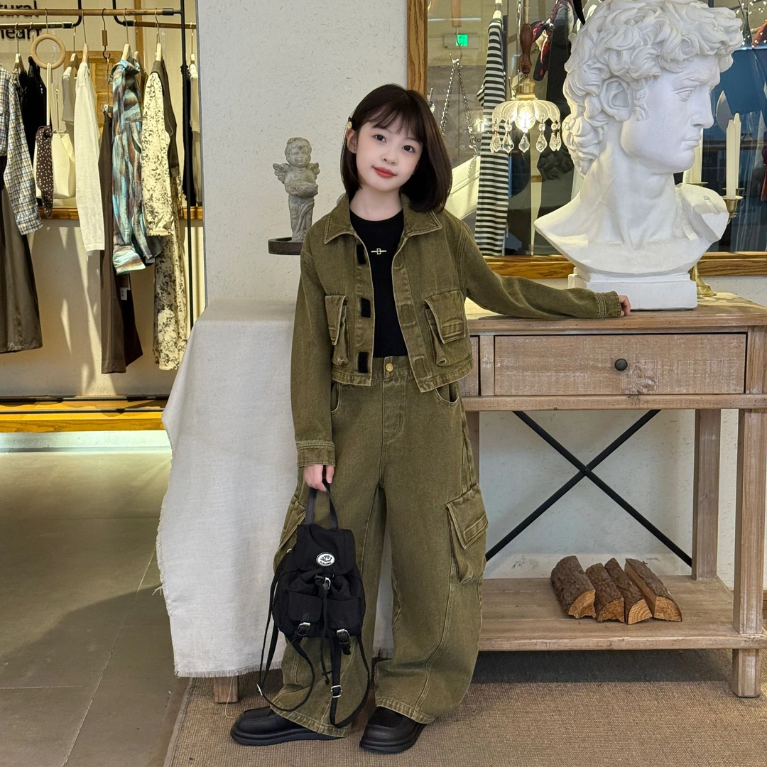 女童废土风毛刺牛仔套装春秋2025新款时尚阔腿裤中大童外套两件套