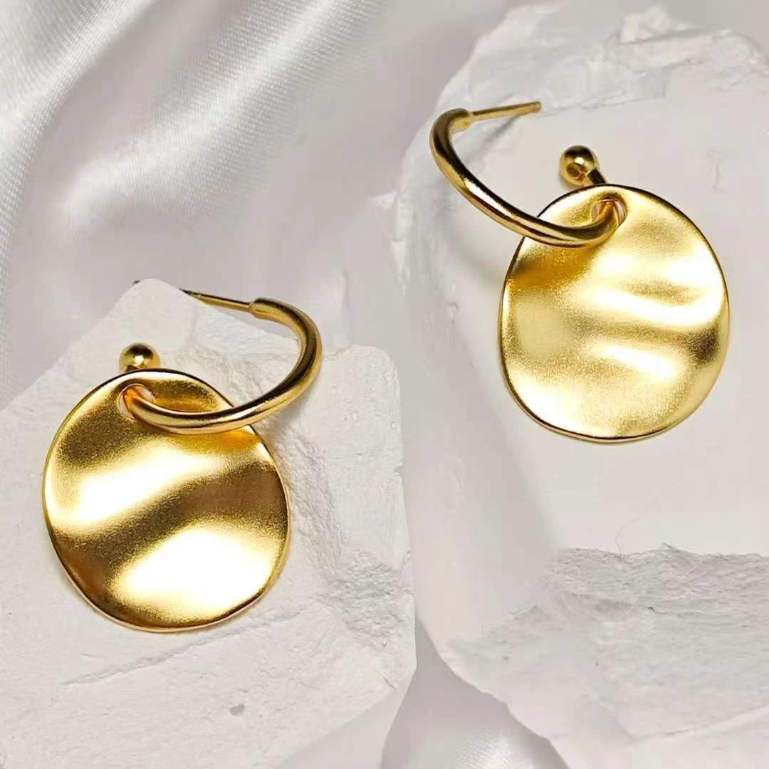 925银耳饰 S925纯银金色个性金圆片耳钉时尚小众简约轻奢