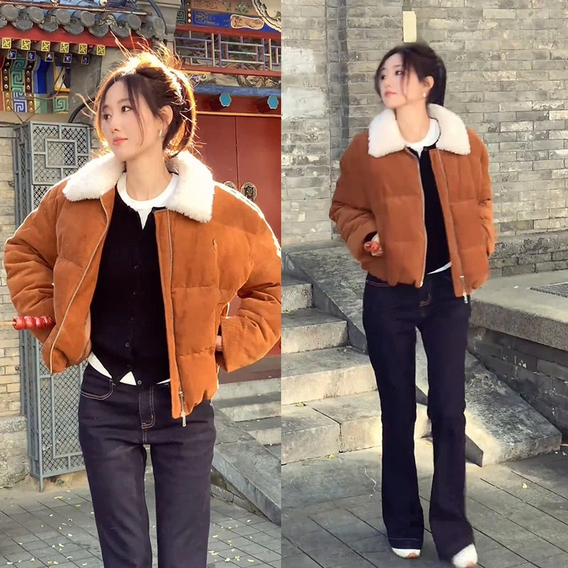 流行穿搭一整套2025新款短款保暖翻领棉服外套微喇牛仔裤两件套