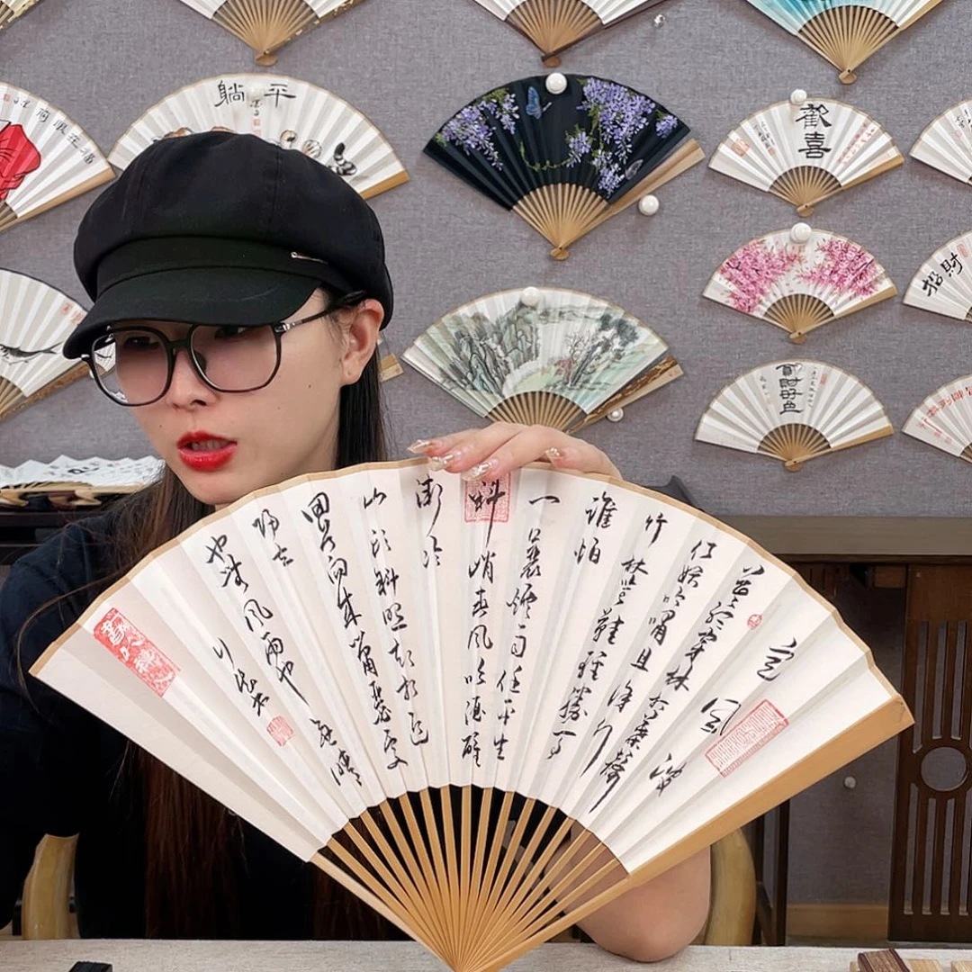 国画95寸玉竹-纯手绘-文玩扇骨（默认粘好）