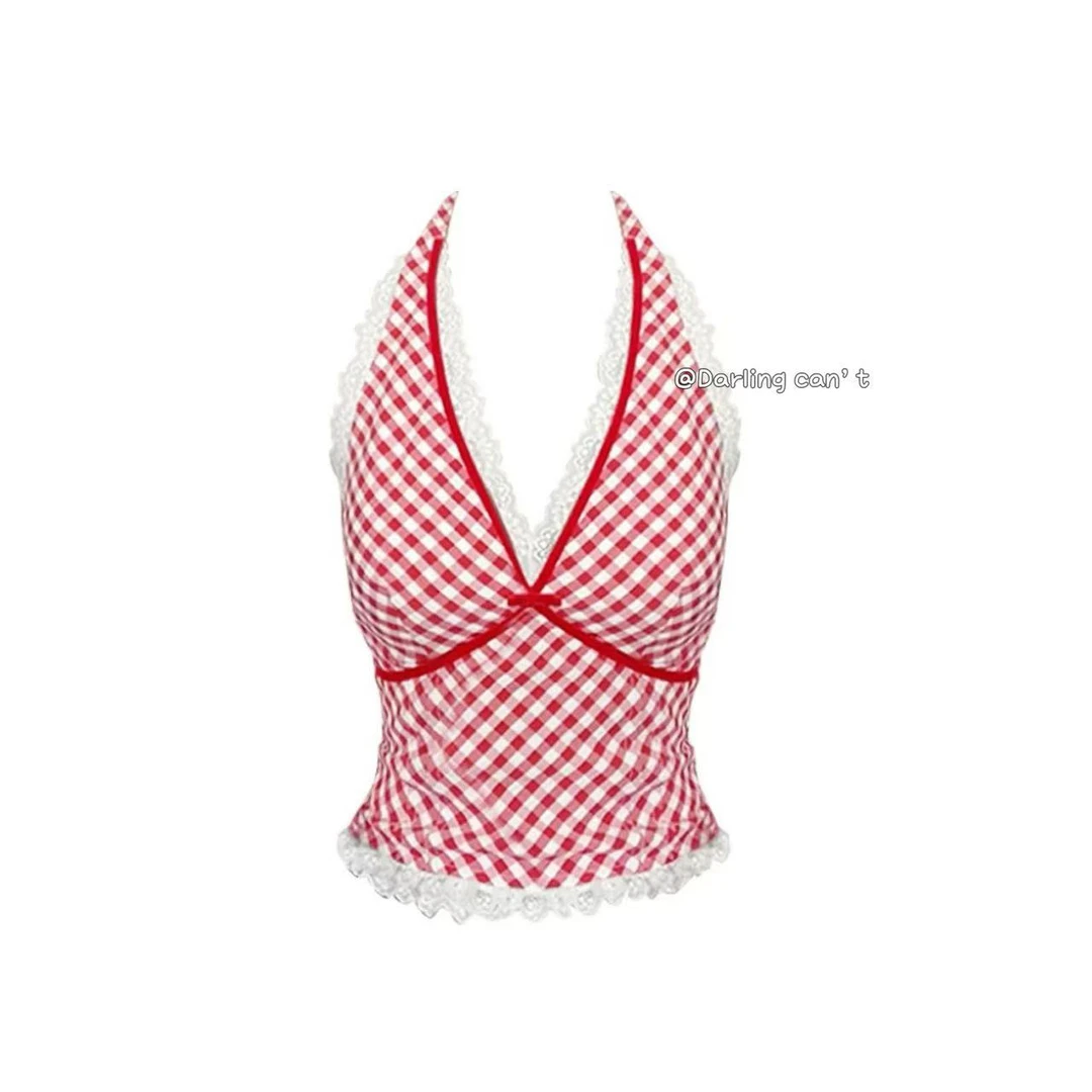 大脸喵 美式辣妹红色格子挂脖v领吊带背心女夏季蕾丝设计感上衣