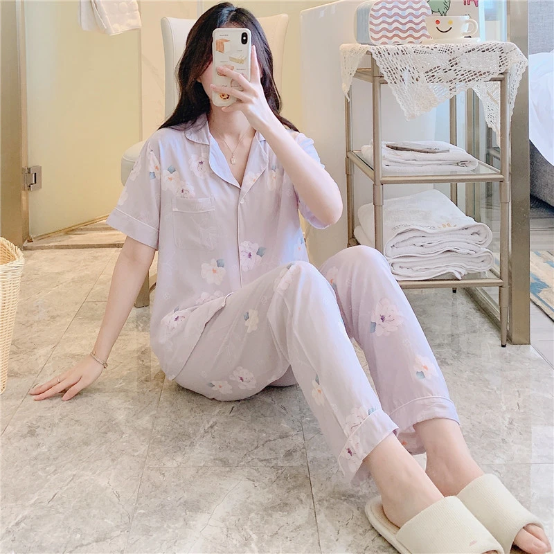 2024新款爆款睡衣女夏季薄款卡通印花开衫短袖长裤套装居家服厂家