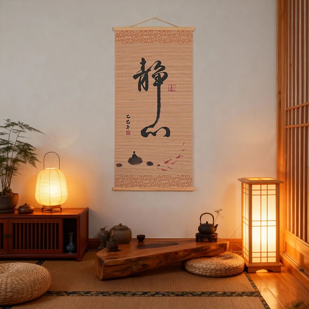 静心竹帘卷轴挂画发上等愿竹编挂画客厅茶室办公室背景墙装饰画