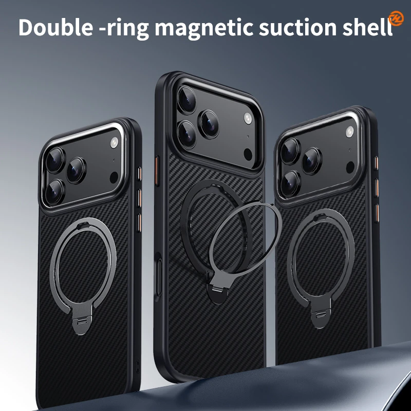 适用苹果17手机壳iPhone16promax双环版纤维纹360磁吸支架壳15轻4