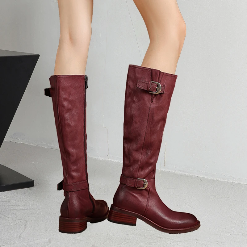 4cm圆头真皮长筒靴里外全皮粗跟圆头骑士靴不过膝百搭女靴子酒红