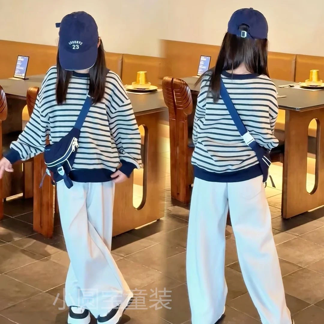 女童套装儿童春秋休闲风百搭条纹套装卫衣女孩糯米裤韩版休闲套装
