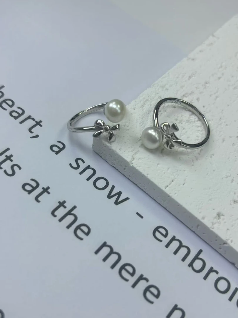 925银仿珍珠戒指 S925银蝴蝶结珍珠开口戒简约百搭小众个性指环