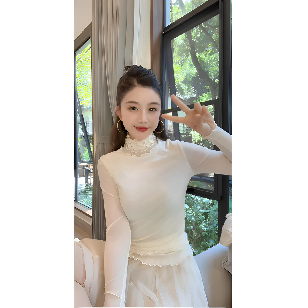 洋洋优选-2025百搭新品木耳边半高领双层纱长袖内搭打底衫YY71911