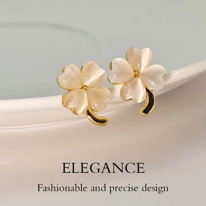 合金耳饰 猫眼石四叶草耳环高级感设计感小众通勤精致S925银针