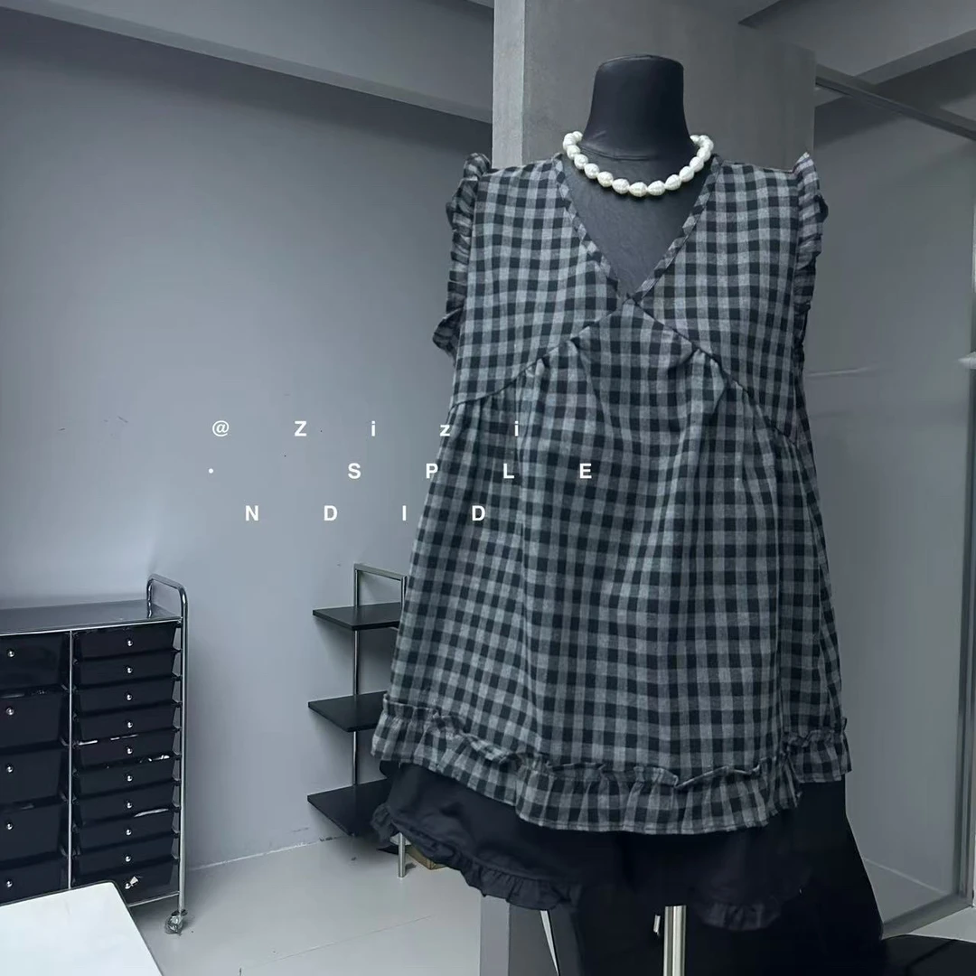 ZiZi 福秒（9Zi1676#)经典格纹 宽松复古格子V领背心9-68