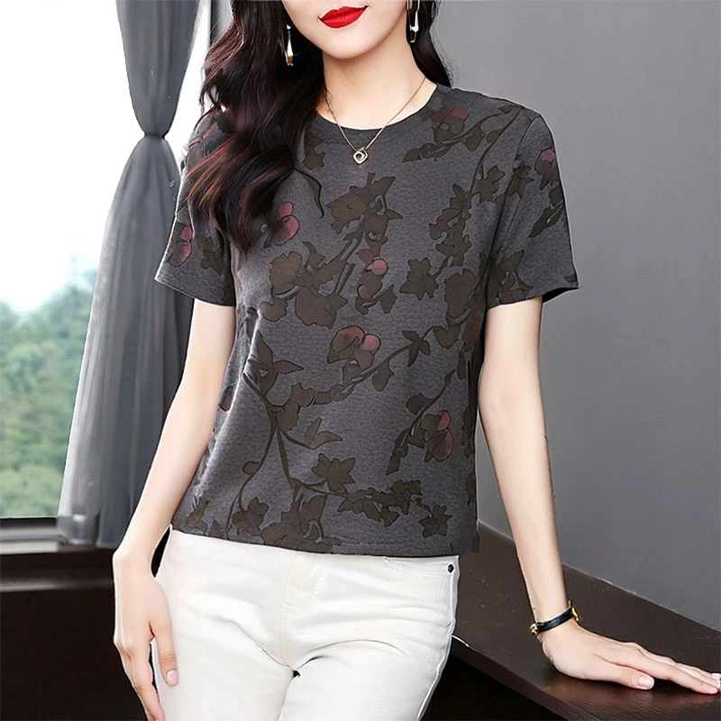 时尚印花洋气短袖女士复古新款圆领体恤衫2025年夏季纯棉上衣宽松