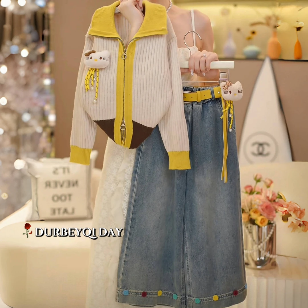 DURBEYQI/朵贝奇女童2025秋季新款翻领拉链开衫牛仔裤套装5580
