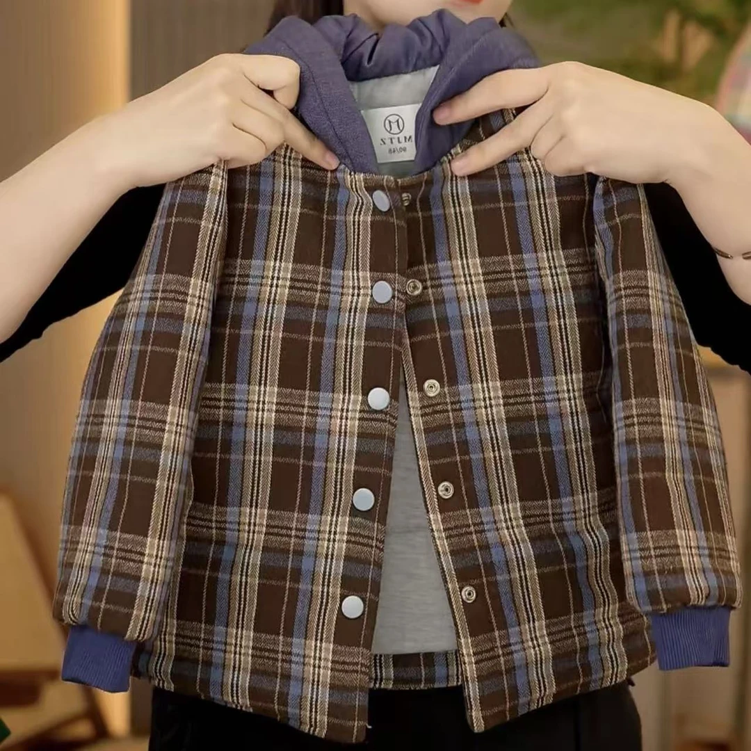 【现货】幂姐童装 儿童外套冬季夹棉格子连帽棉服拼色外穿服外套