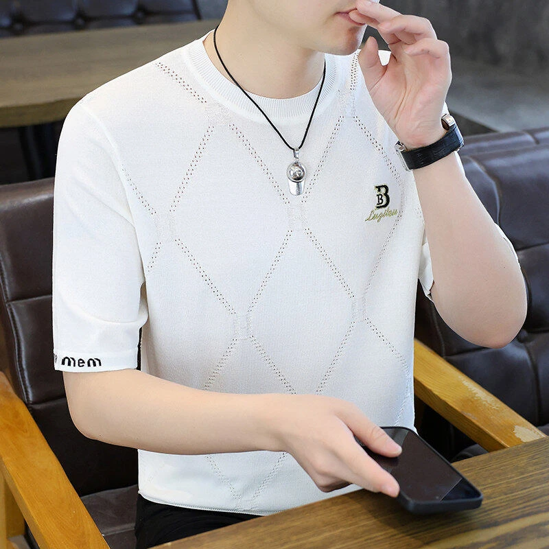 2025夏季冰麻针织T恤男士潮流百搭薄款圆领休闲帅气短袖25018