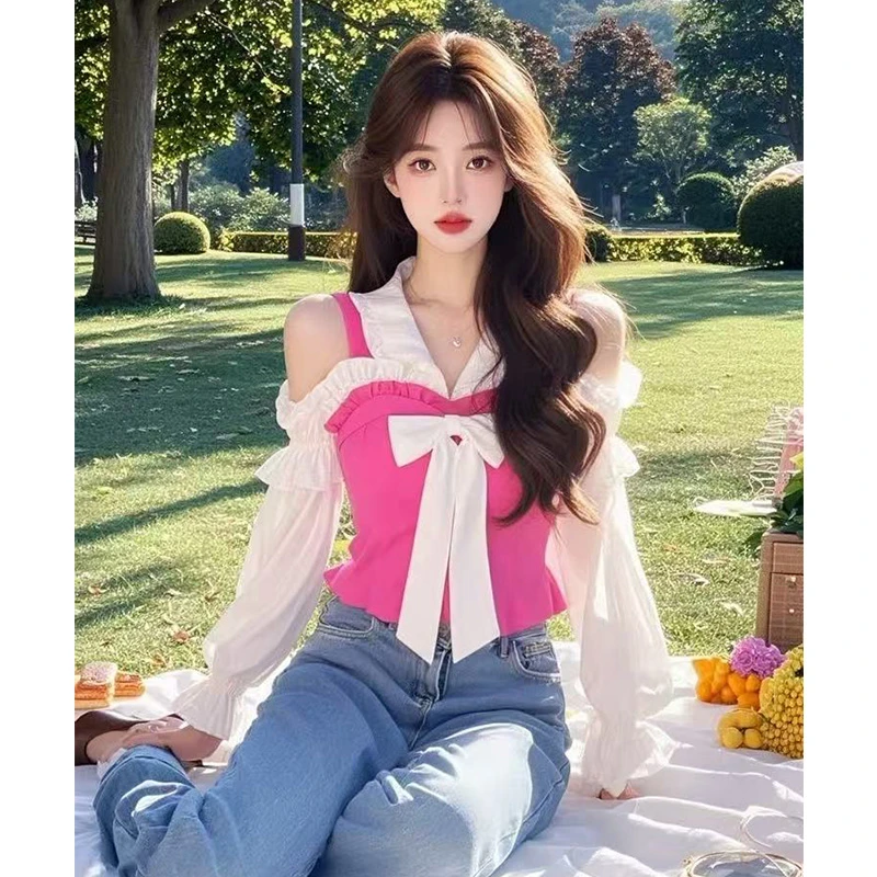甜美蝴蝶结露肩衬衫长袖网红洋气炸街女装短款上衣2025年春季新款