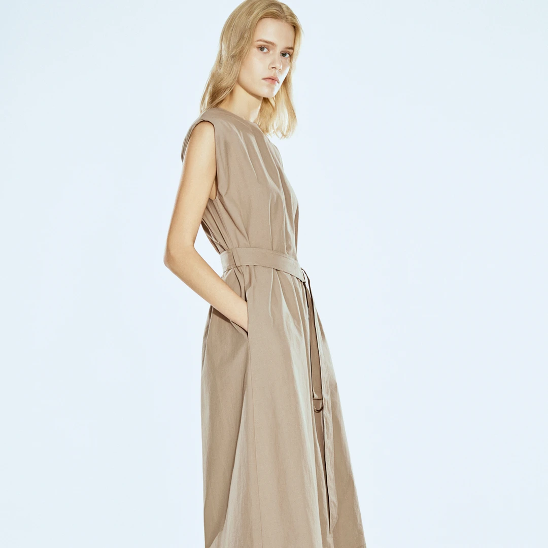 COVERINS夏装简约棉质圆领卡其无袖连衣裙CC34205180