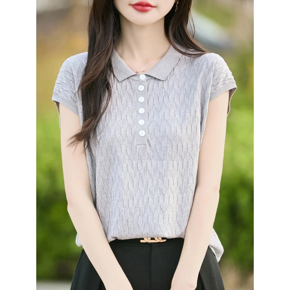 25夏季新款翻领针织t恤衫女宽松肌理感时尚百搭套头短袖上衣