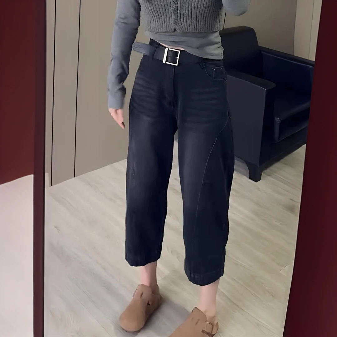 大码弯刀香蕉牛仔裤女春季胖mm显瘦九分哈伦裤宽松小个子老爹裤