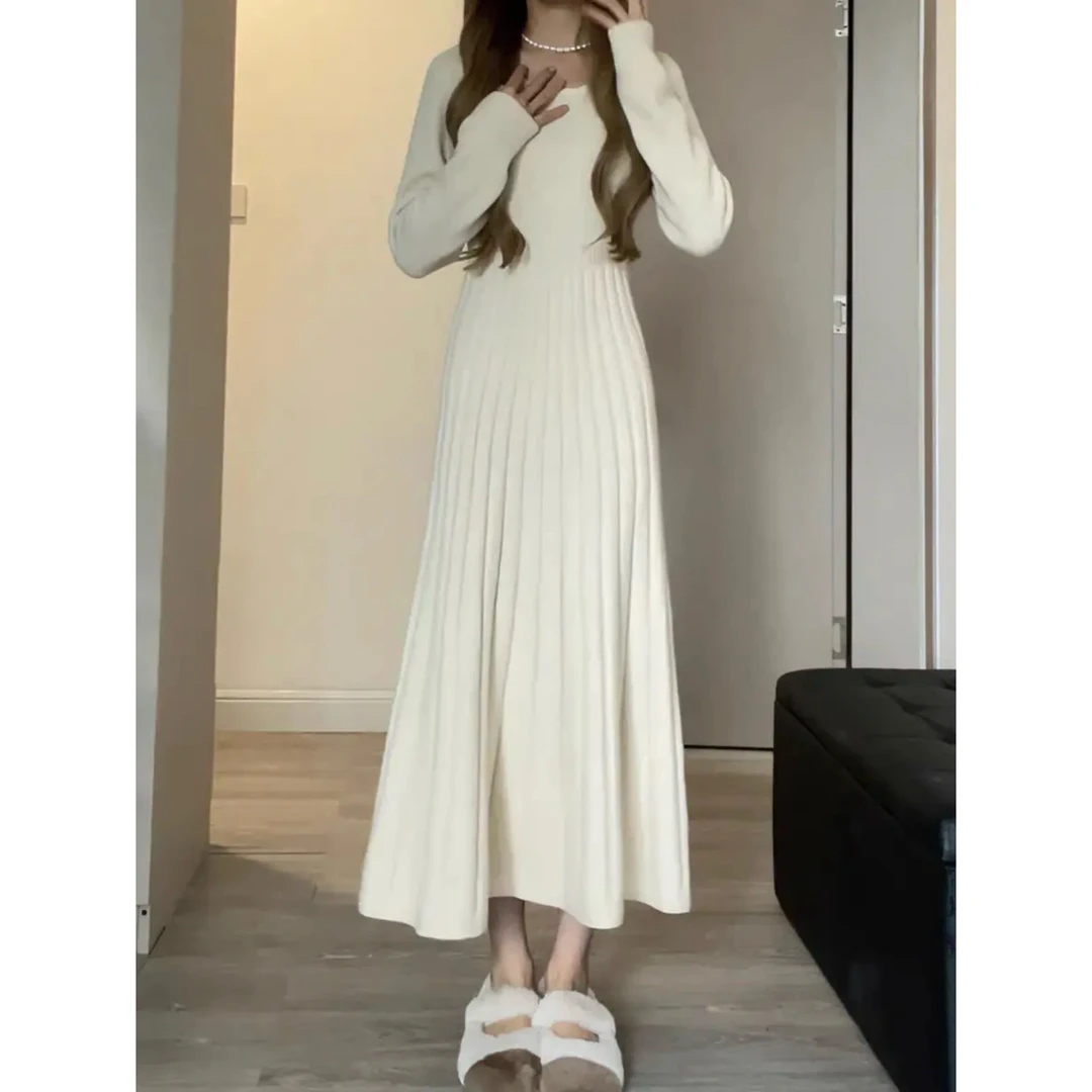 5423秋冬针织厚连衣裙显瘦高腰时尚打底长袖A字版温柔气质中长款