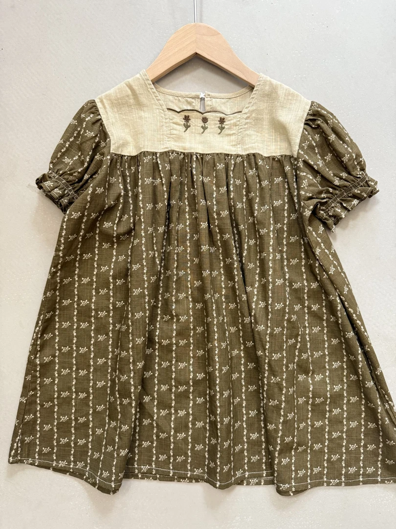 森系韩版夏季新款女童碎花刺绣棉麻连衣裙8Q554