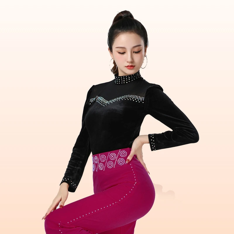 拉丁舞金丝绒黑色上衣长袖吉特巴跳舞服装广场舞表演服摩登舞服