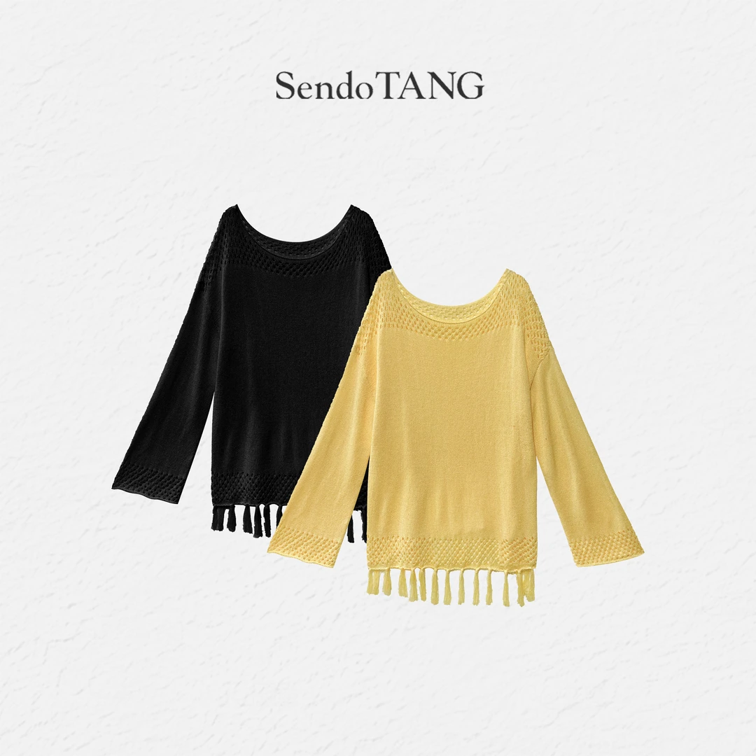 长袖镂空下摆流苏条设计针织衫【甜蜜暴击】胖多女装新款百搭上衣