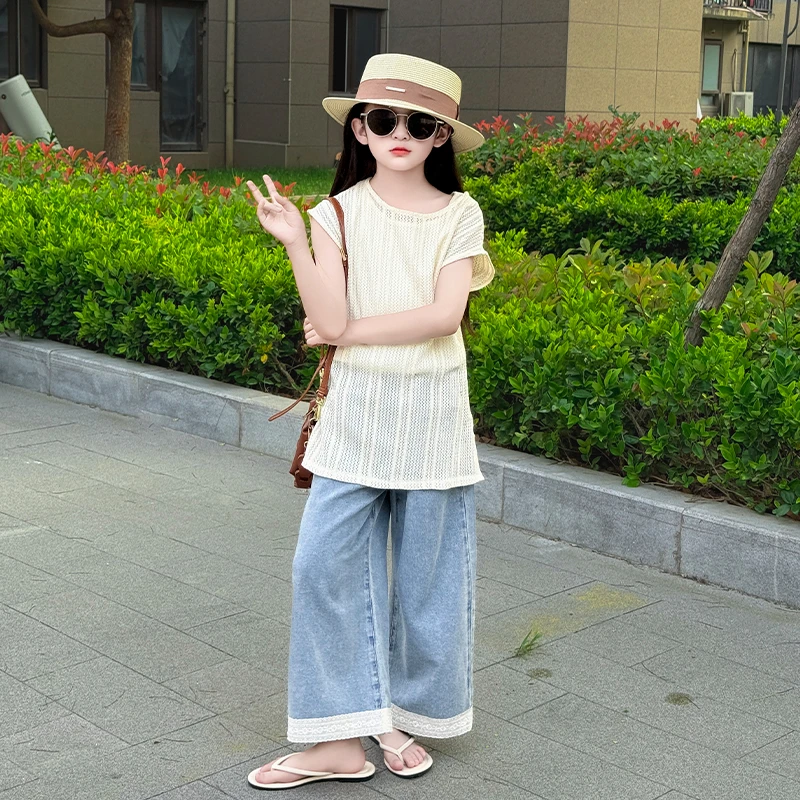女童套装2025夏季韩系叠穿镂空法式蕾丝防晒罩衫背心牛仔裤三件套