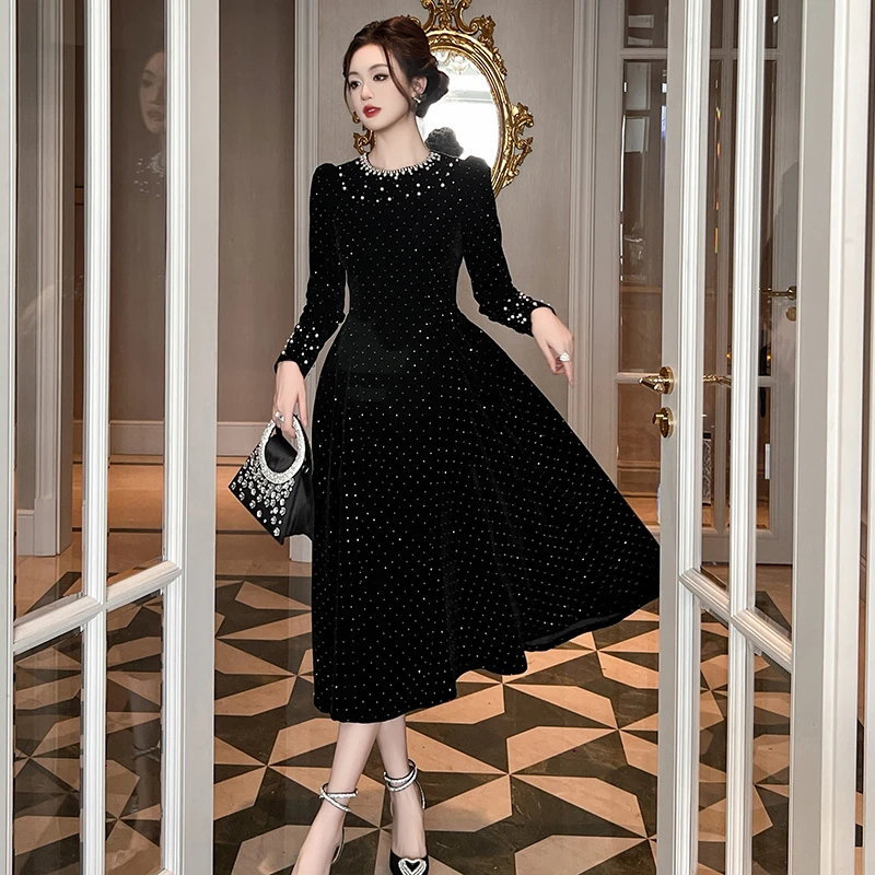 【十六推荐】烫钻赫本风小香风收腰显瘦加宽连衣裙秋冬21632蕾丝