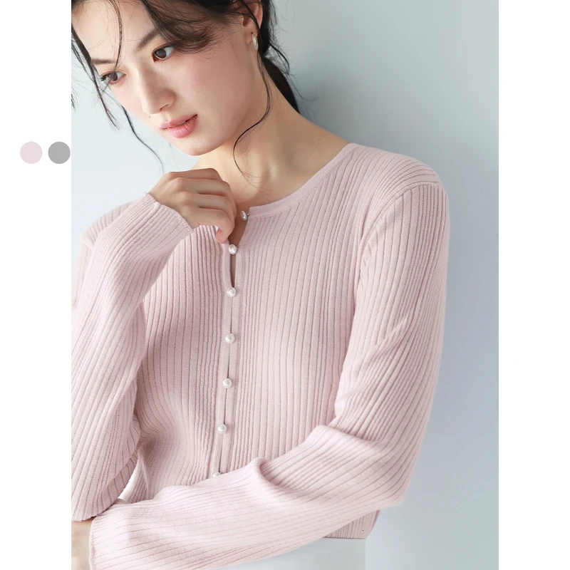 伊芙丽桑蚕丝羊毛混纺圆领坑条亮丝修身显瘦针织衫25春1F2930531