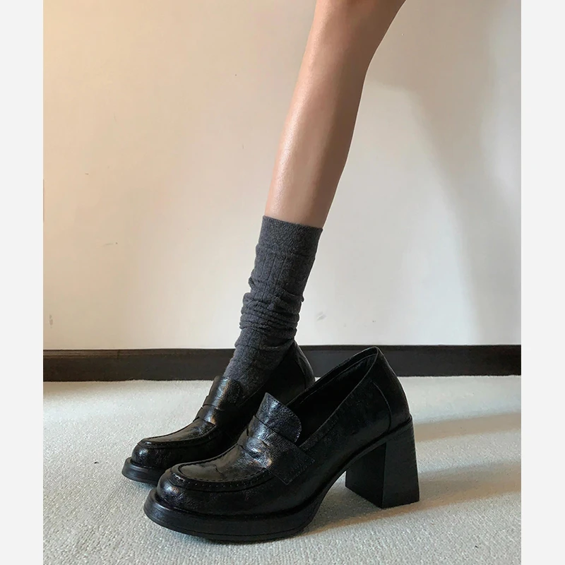 羊皮版~高跟乐福鞋女复古百搭小皮鞋黑色简约一脚蹬通勤静音单鞋