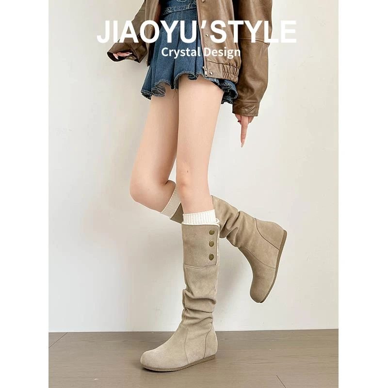 【维米克设计师版】明星同款ins~百搭棕色复古长筒靴女内增高加绒