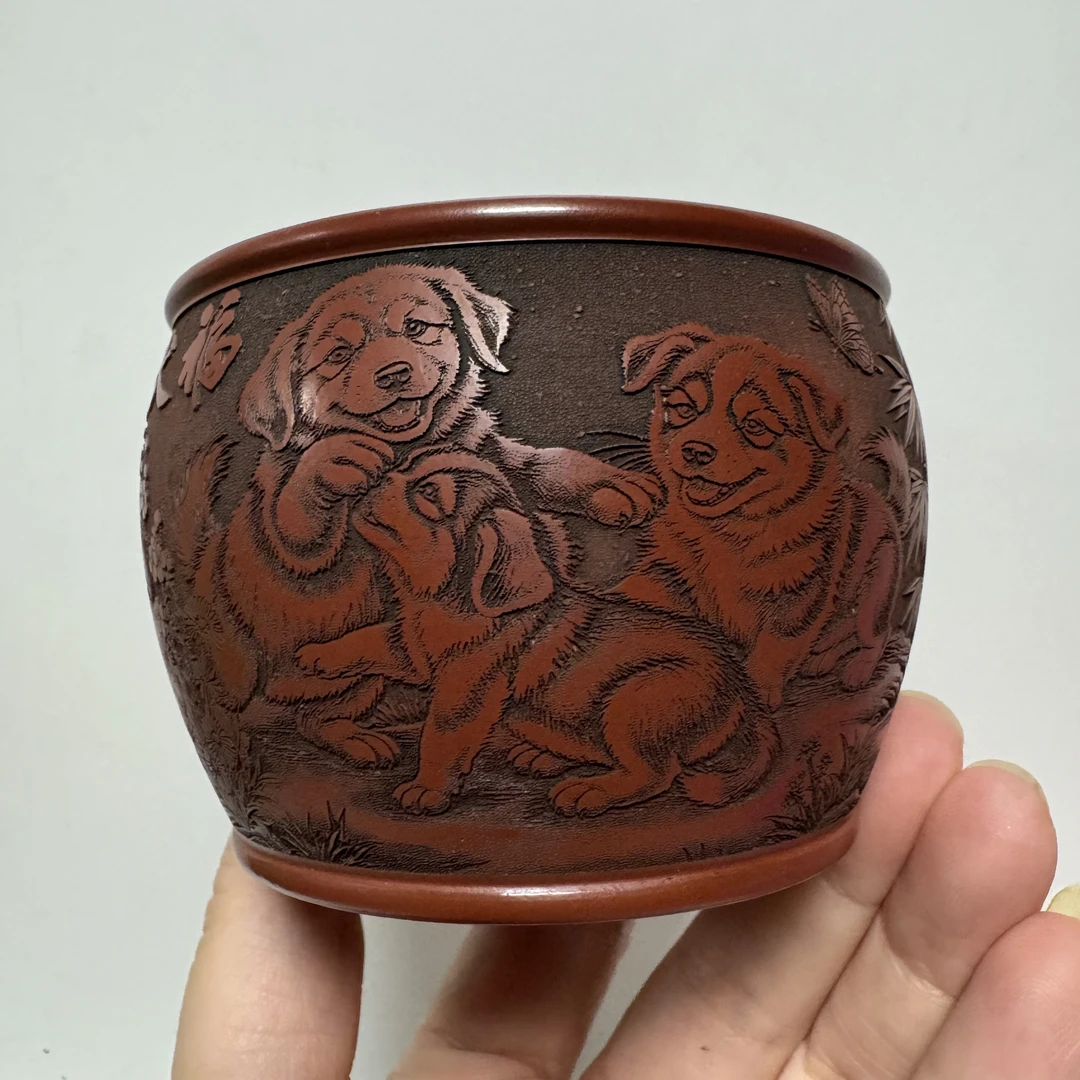 原矿紫砂大红袍双层杯浮雕生肖狗手工150cc主人杯水缸茶杯