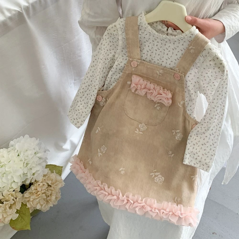 女童春秋款甜美花朵背带花边裙儿.童洋气春装碎花长袖打底衫套装