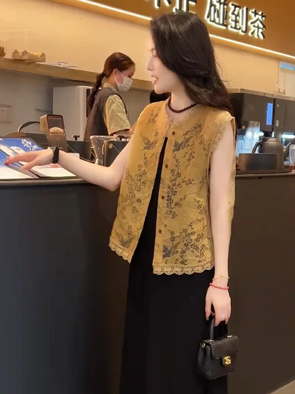 新中式蕾丝花边无袖衬衫女夏季新款气质显瘦百搭镂空提花马甲上衣