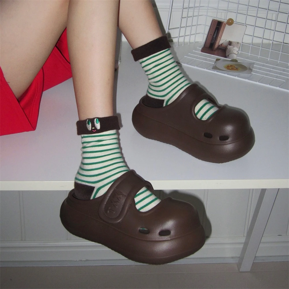 细细条 学生时尚魔术贴厚底防滑玛丽珍凉鞋纯色百搭女士包头拖鞋