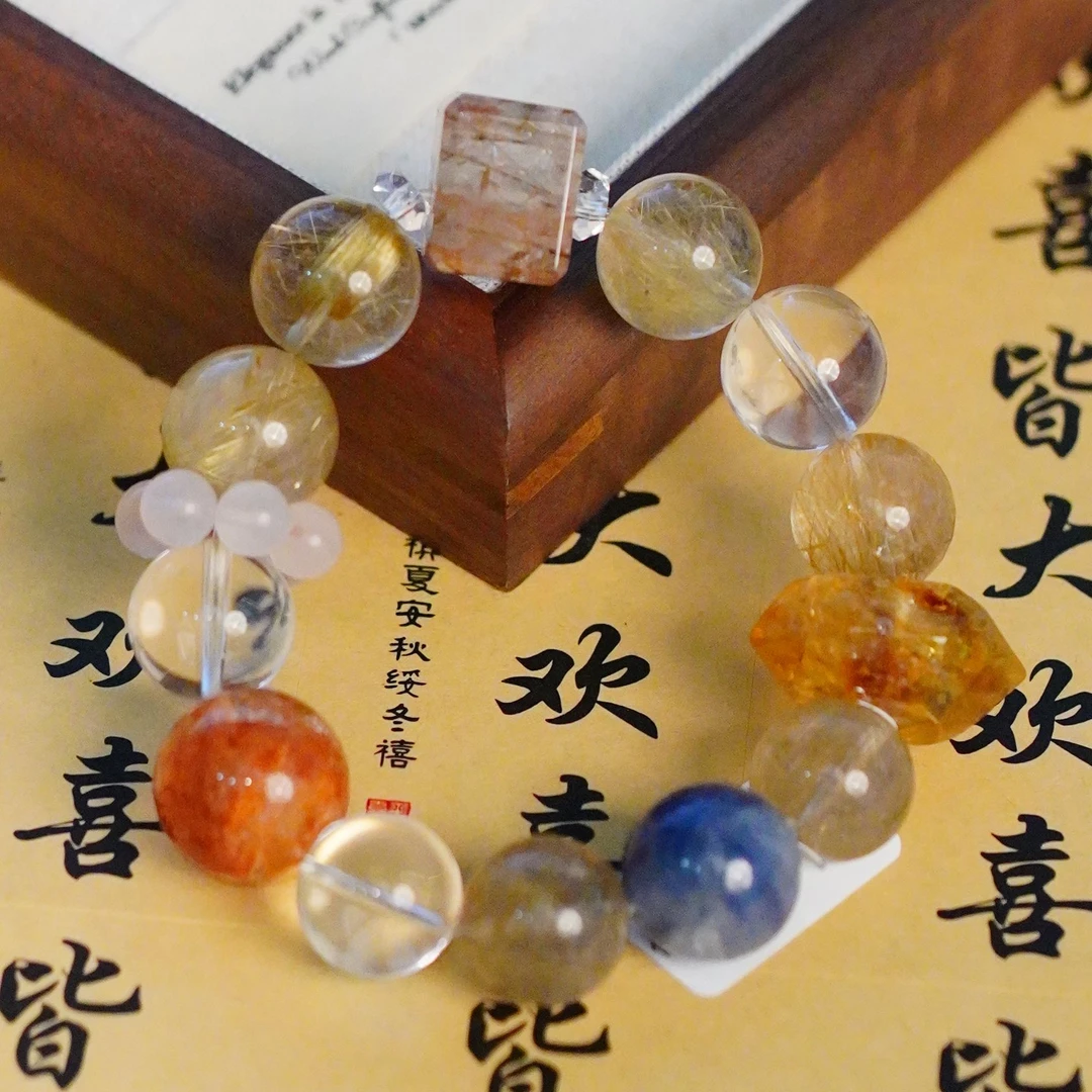 【鹿鸣】黑金超七方糖 满发金发晶 蓝晶石 红胶花 全净体白水晶手串