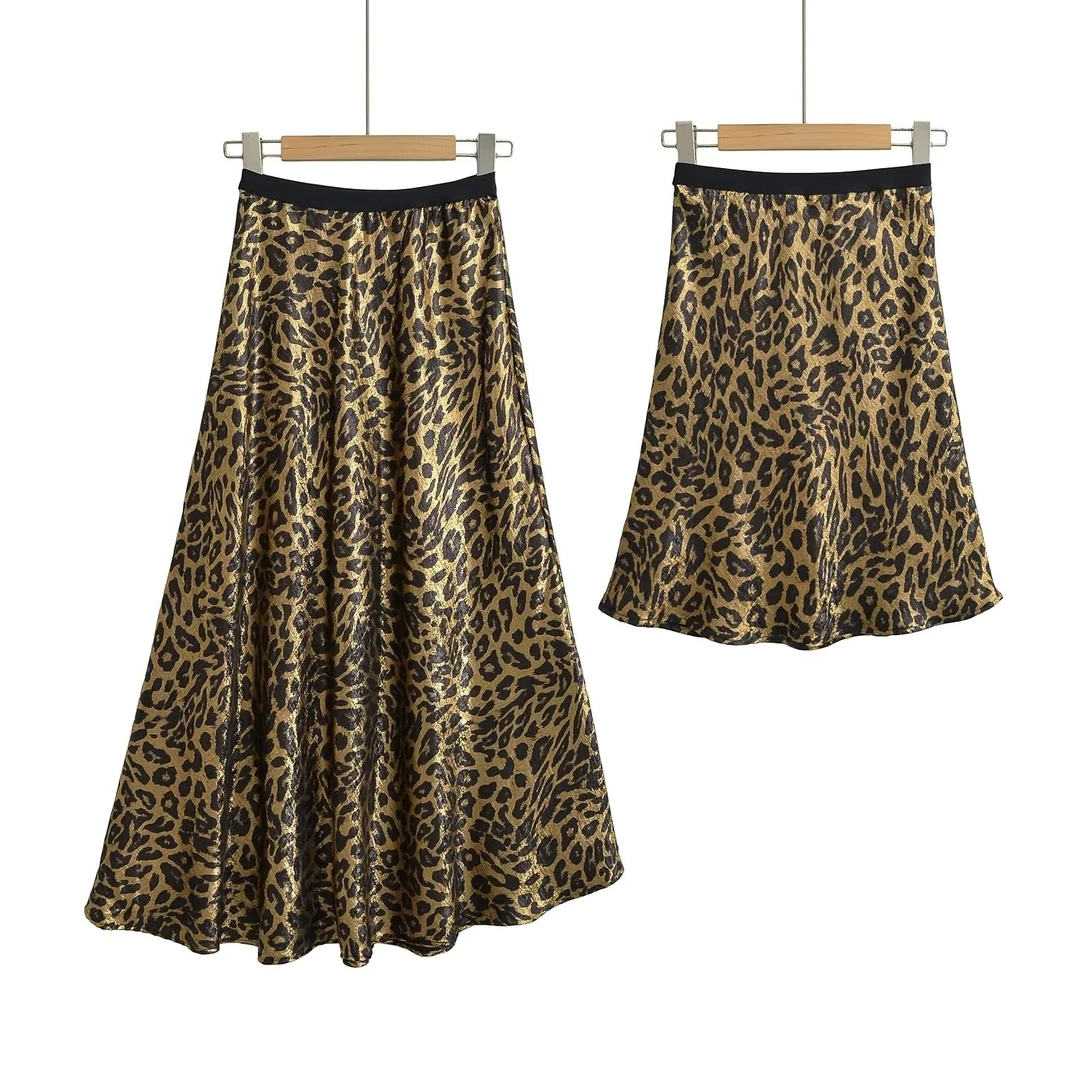 牛仔爆款夏季欧美女装松紧腰性感金色豹纹短裙大裙摆印花丝绒豹点