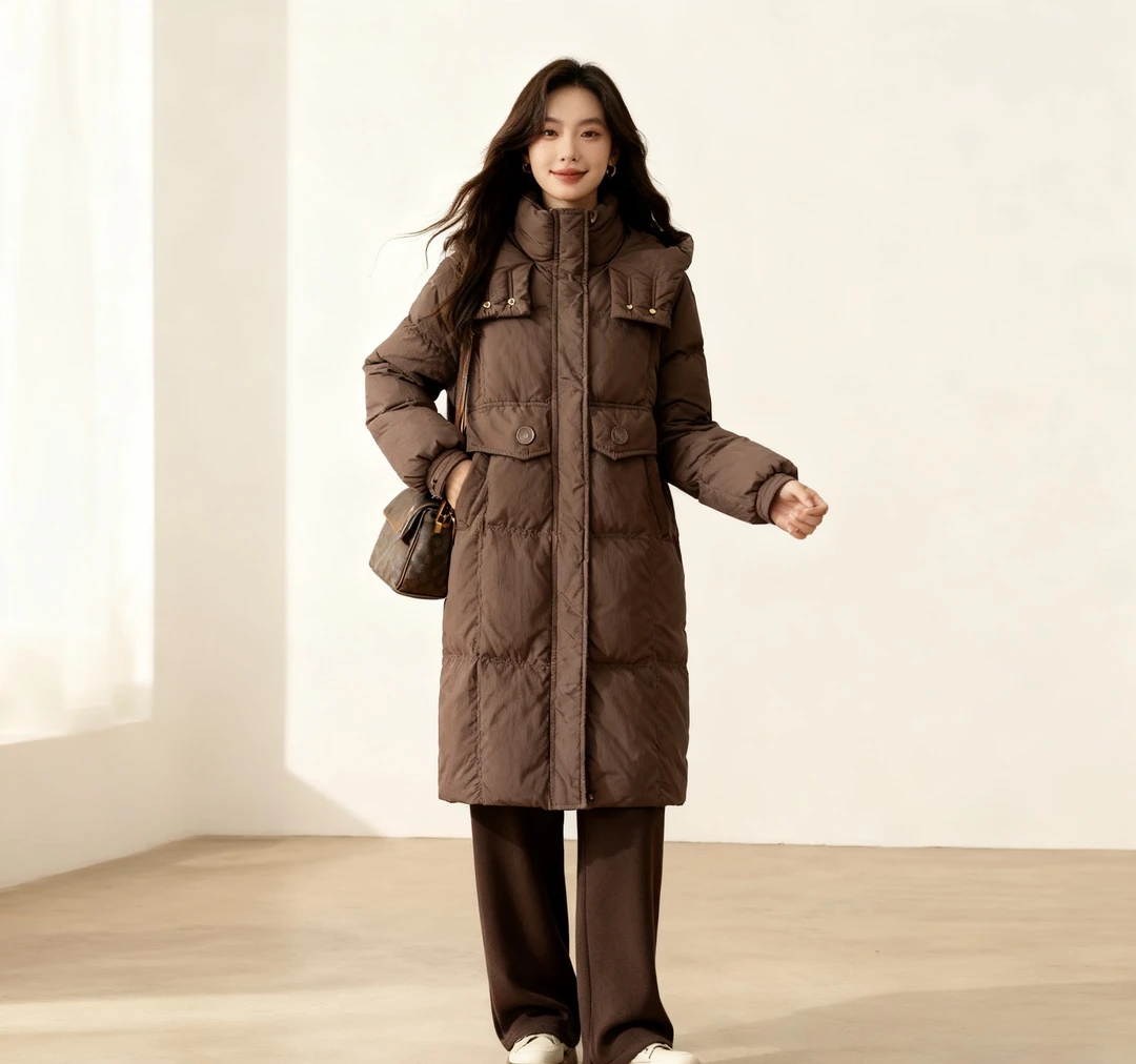2515高档纯色长款宽松白鸭外套时尚女装显瘦冬季保暖羽绒外套女款