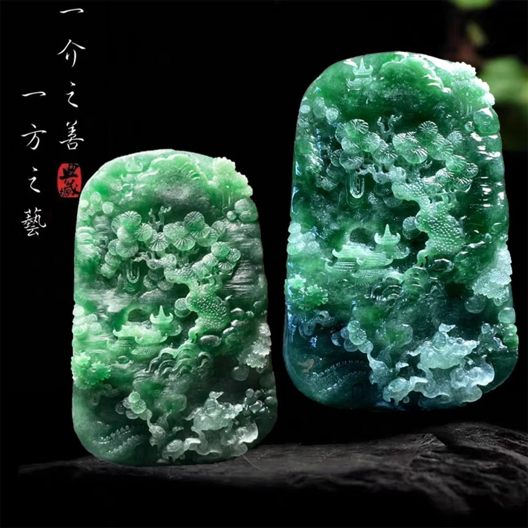 【已结缘】合一堂翡翠工作室定制展示：糯冰辣绿色《老子出关山水》