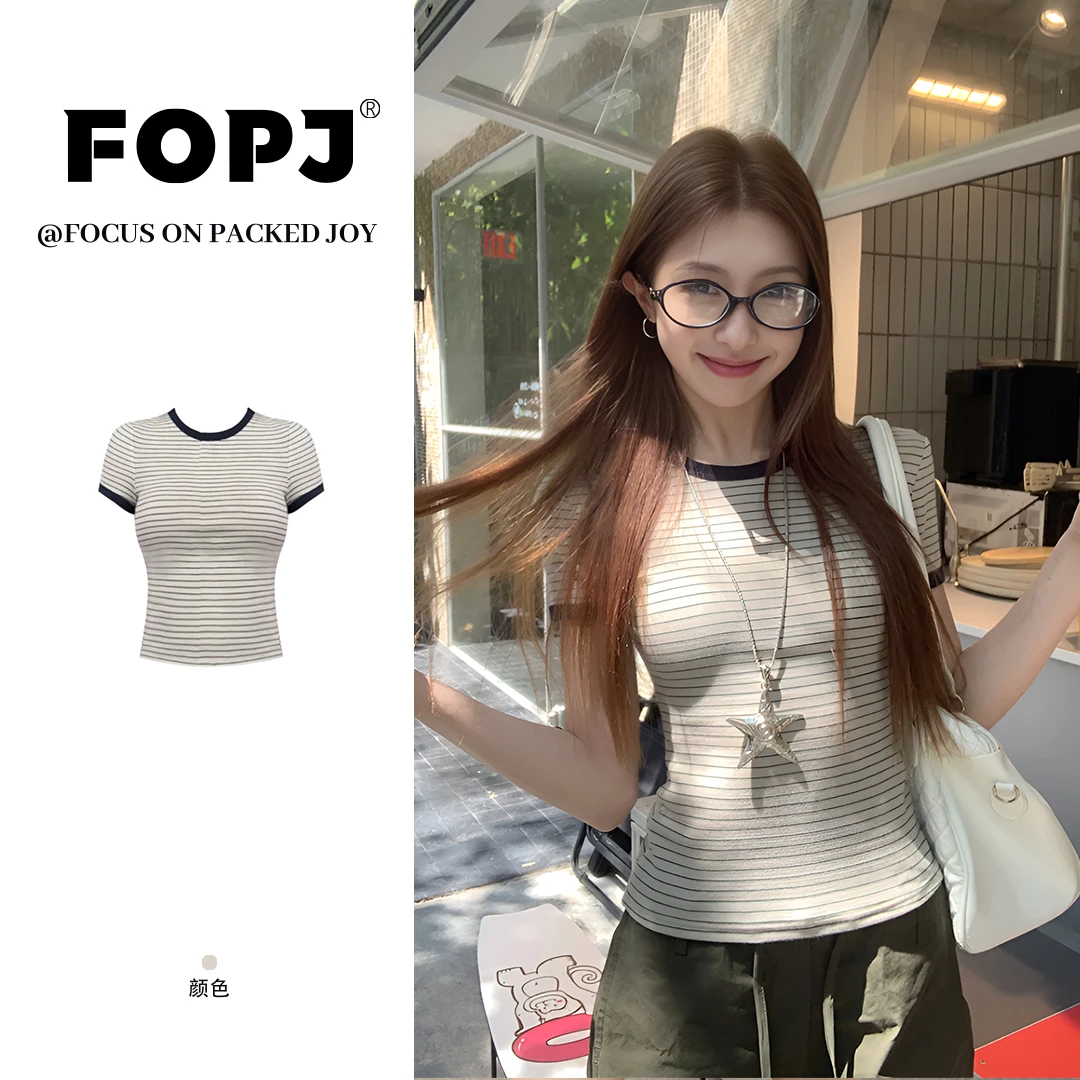 FOPJ美式复古条纹短袖T恤女老钱风设计夏季修身显瘦百搭辣妹上衣