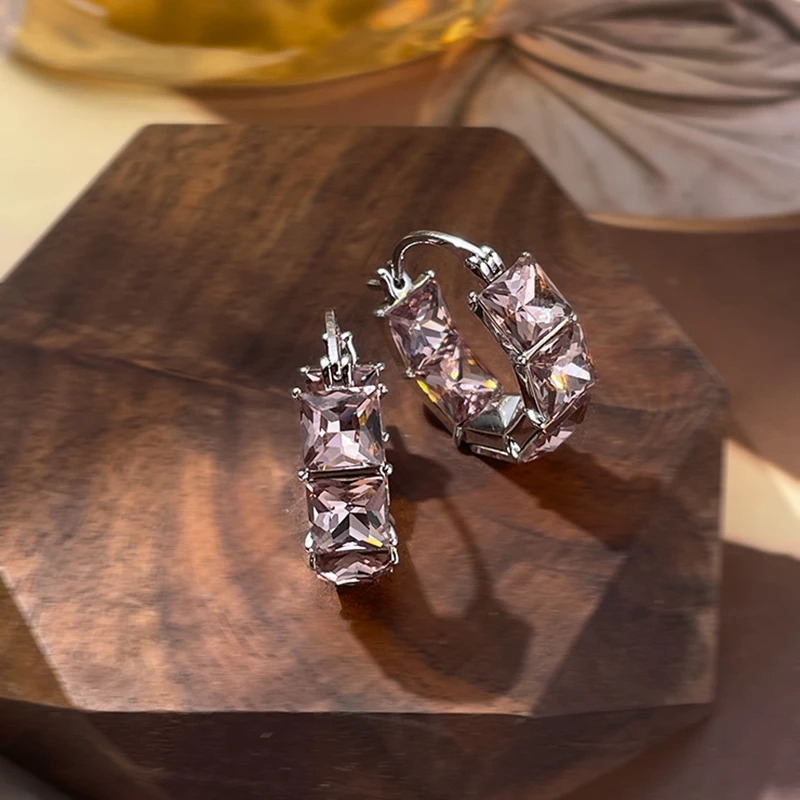 铜合金耳饰 法式气质轻奢紫粉色锆圈圈耳扣耳环饰品精致时尚耳圈