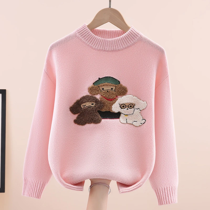 100%羊毛女童羊毛衫加厚秋冬款儿童毛衣圆领中大童针织衫女孩