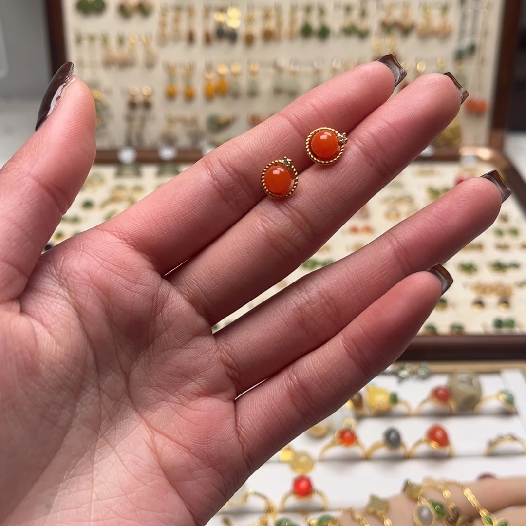 和田玉银S925镀金镶嵌耳坠