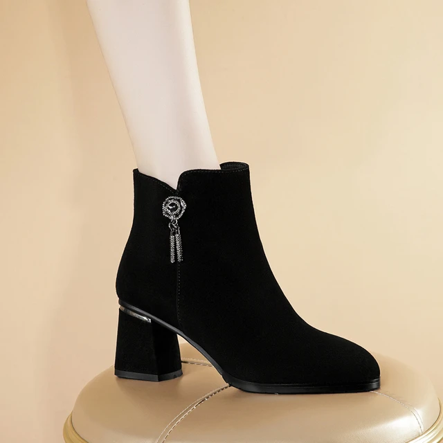 高跟女短靴粗跟女靴真皮圆头短筒侧拉炼小皮靴牛翻皮加绒女士靴子