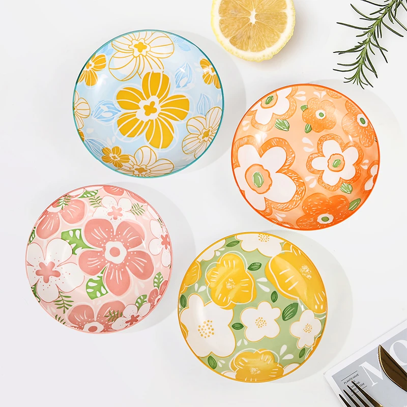 花漾年华7英寸饭盘4只装家用陶瓷釉下彩饭盘餐具颜色随机