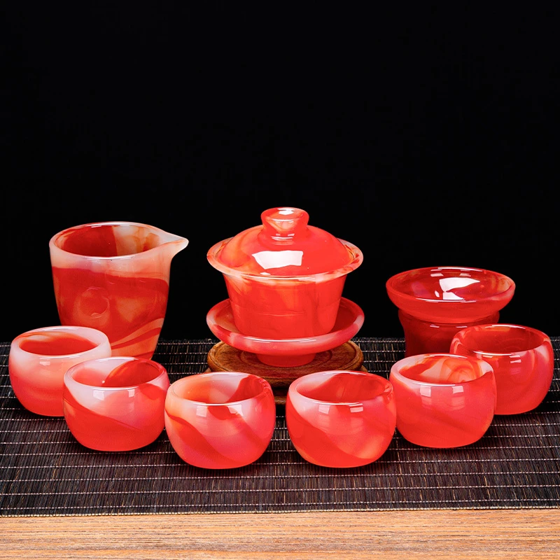 红玛瑙琉璃茶具套装家用简约功夫茶具盖碗茶杯整套高档泡茶器