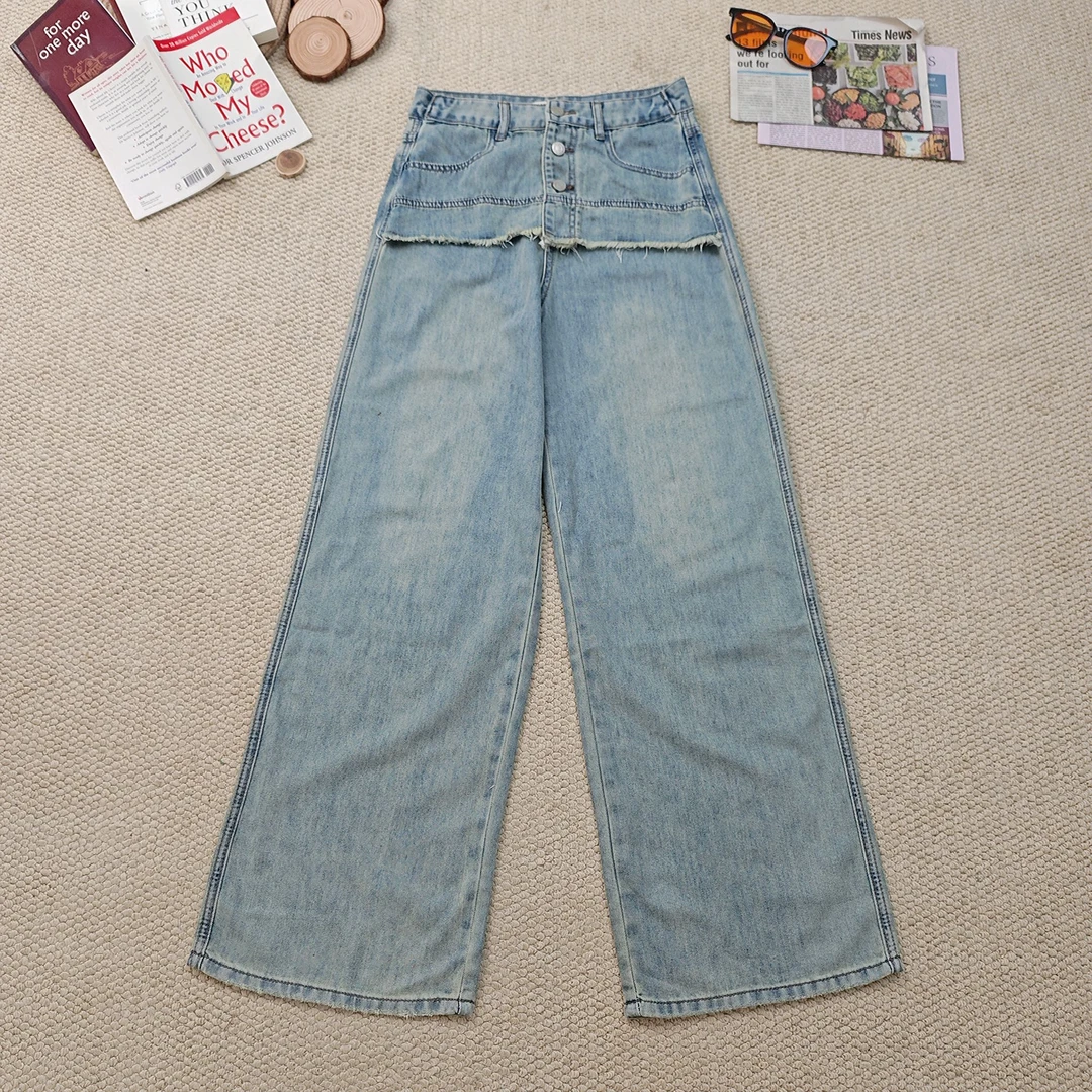 2025夏季新款百搭纯色破洞款假两件休闲牛仔裤阔腿裤3294